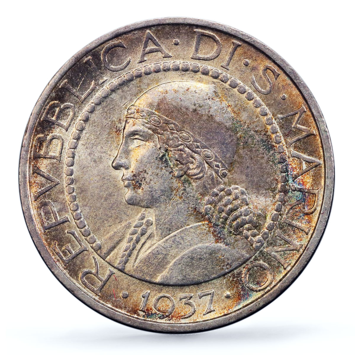 San Marino 5 lire Republic Coinage Liberty Head KM-9 MS64 PCGS silver coin 1937