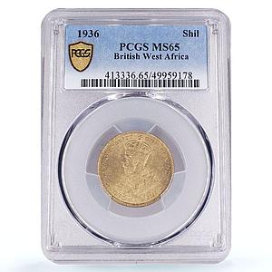 Great Britain West Africa 1 shilling George V KM-12a MS65 PCGS brass coin 1936