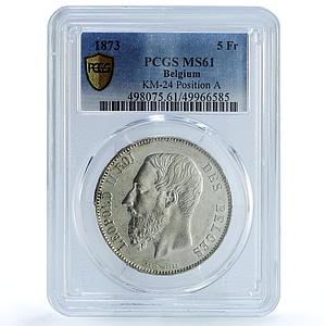 Belgium 5 francs Leopold II Coinage Position A KM-24 MS61 PCGS silver coin 1873