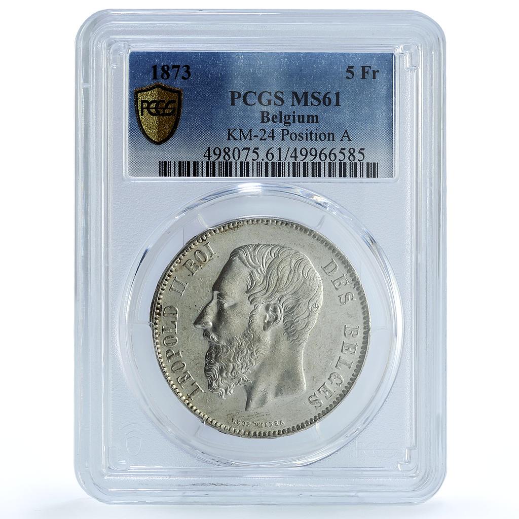 Belgium 5 francs Leopold II Coinage Position A KM-24 MS61 PCGS silver coin 1873 Belgium 5 francs Leopold II Coinage Position A KM-24 MS61 PCGS silver coin 1873