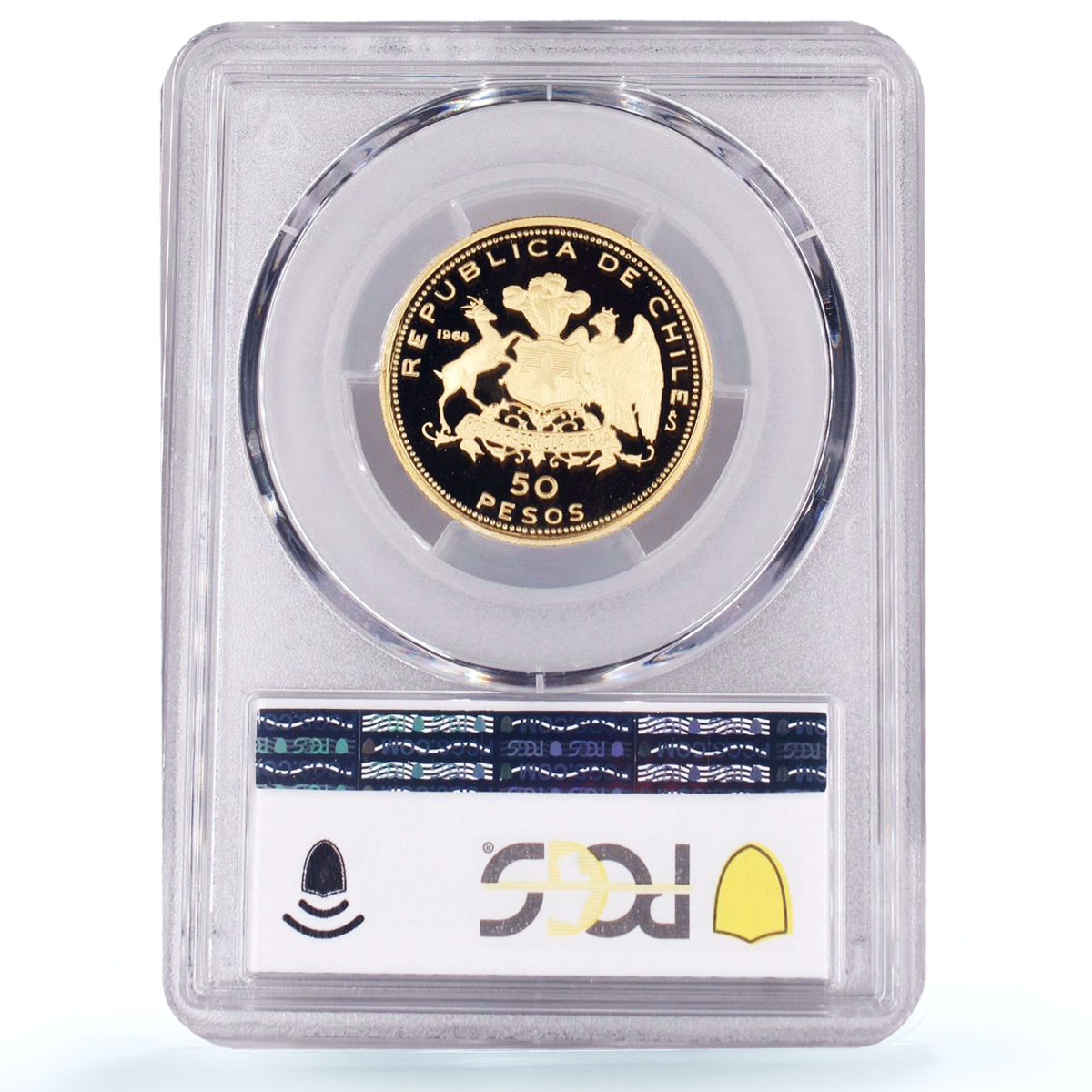 Chile 50 pesos Military Academy Bernardo O'Higgins PR68 PCGS gold coin 1968