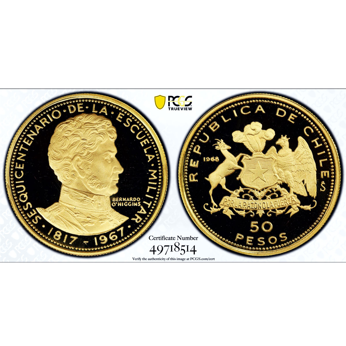 Chile 50 pesos Military Academy Bernardo O'Higgins PR68 PCGS gold coin 1968