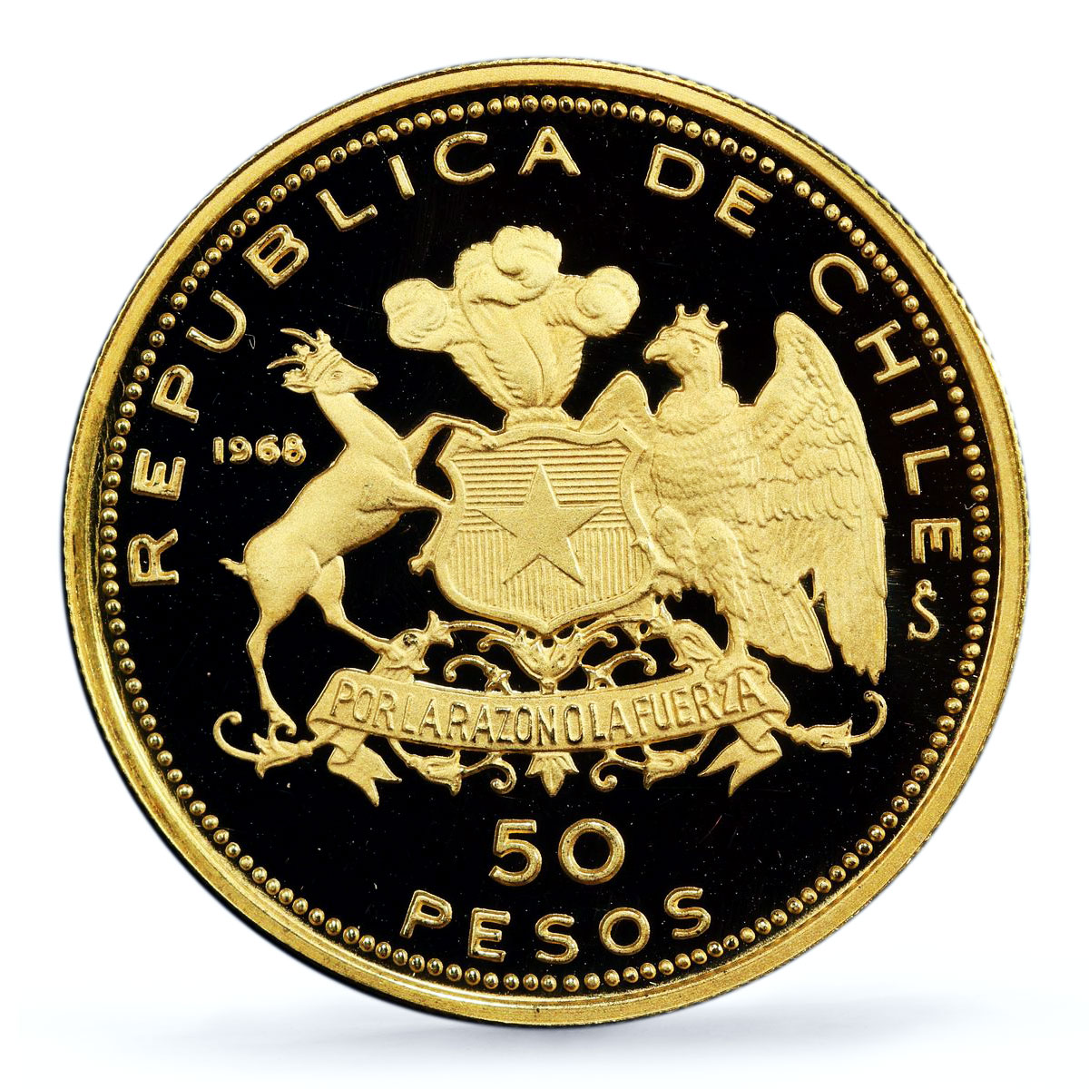 Chile 50 pesos Military Academy Bernardo O'Higgins PR68 PCGS gold coin 1968