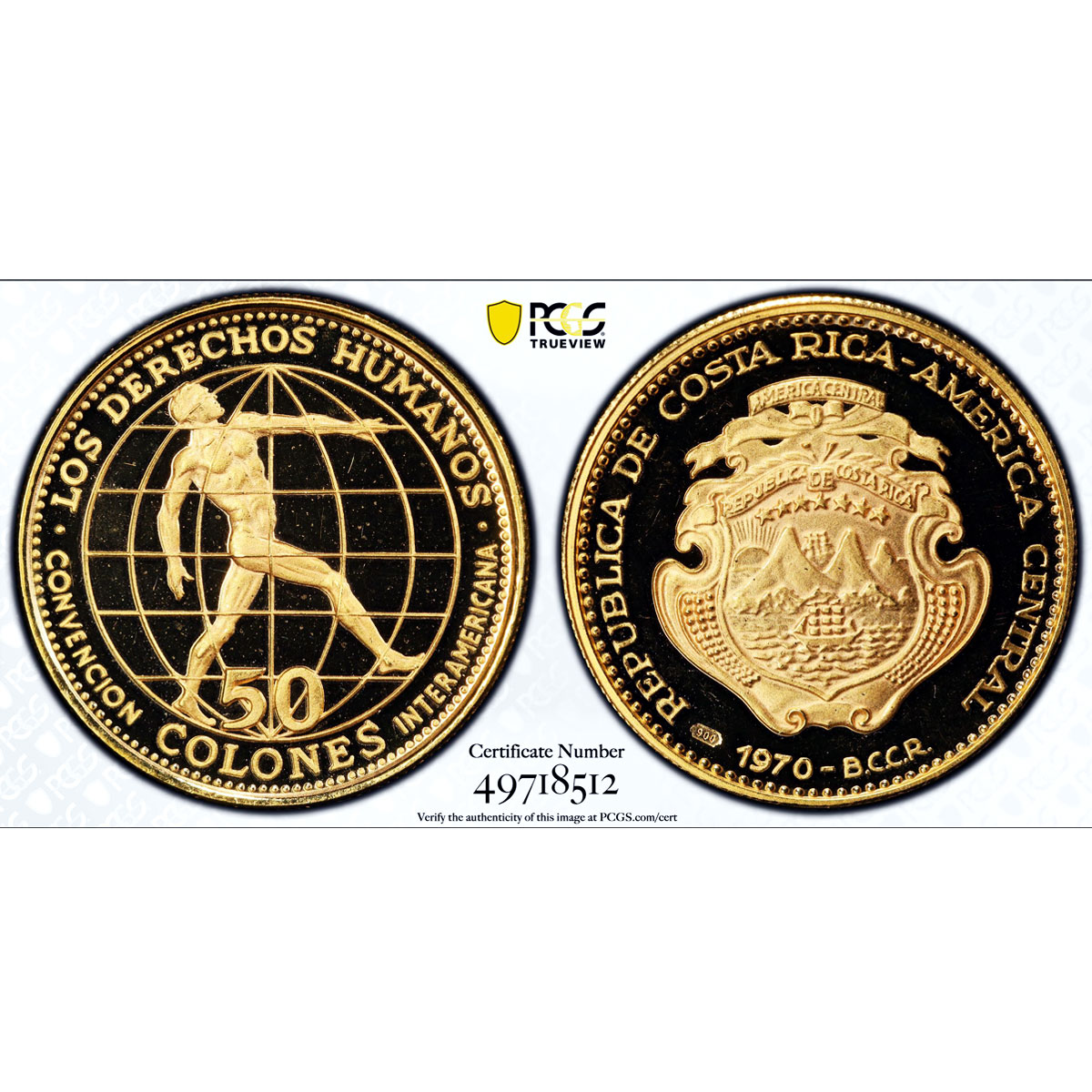 Costa Rica 50 colones Human Rights Conv. Fineness Left PR68 PCGS gold coin 1970