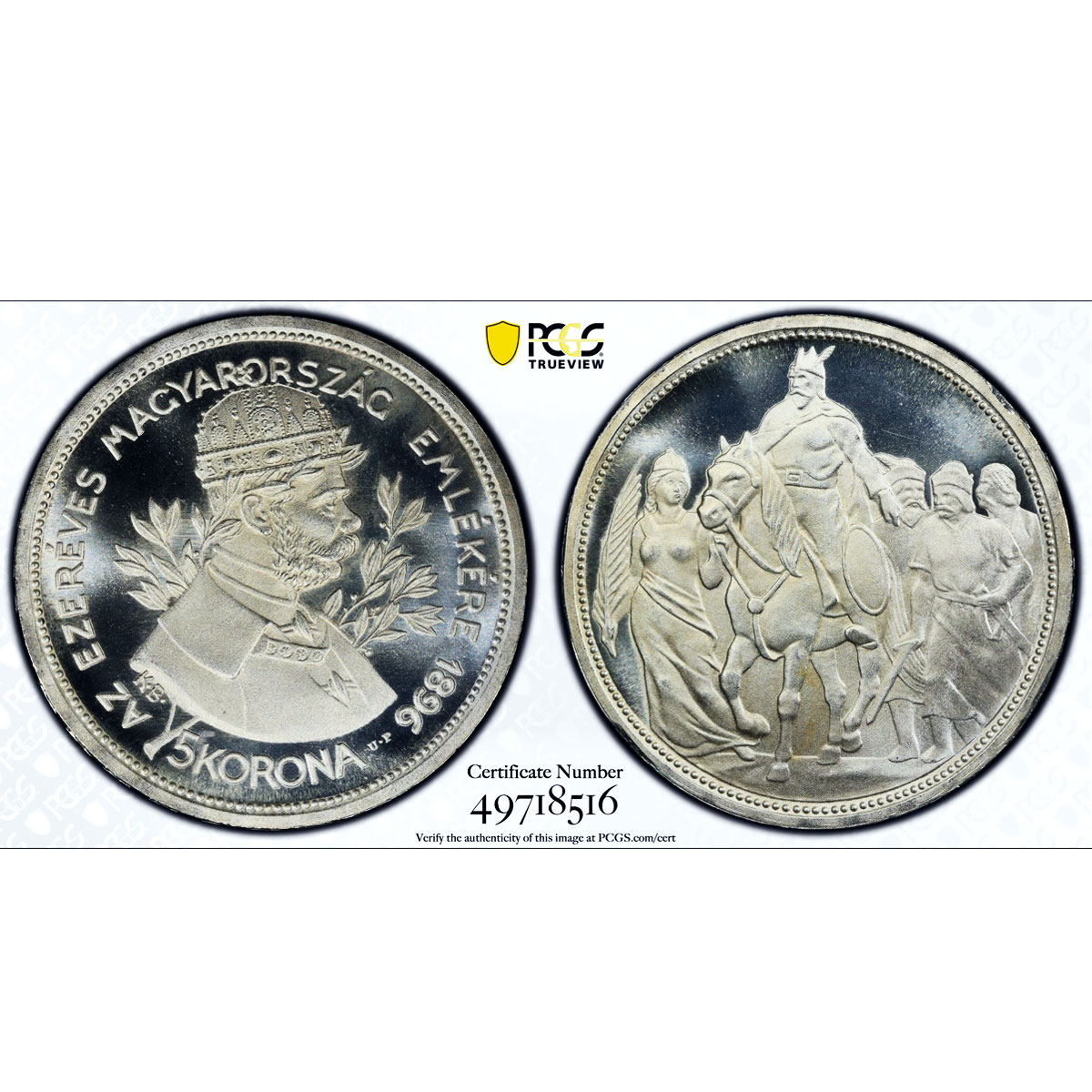 Hungary 5 korona Franz Joseph I Horseman RESTRIKE PR66 PCGS silver coin 1896
