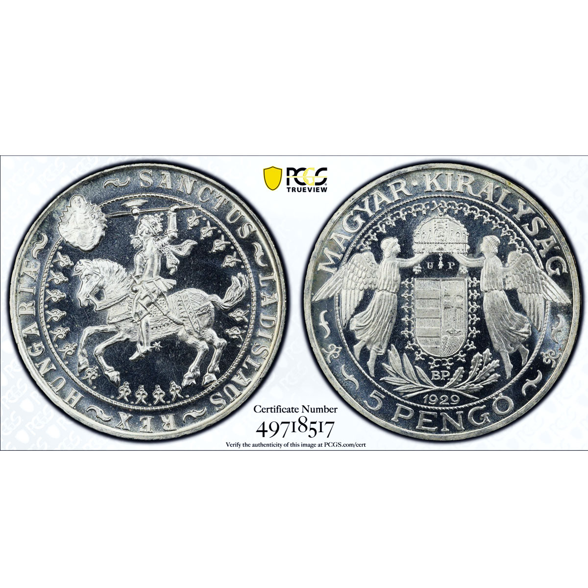 Hungary 5 pengo Saint Ladislav on Horseback RESTRIKE PR66 PCGS silver coin 1929