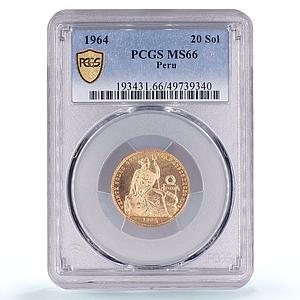Peru 20 soles oro Republic Coinage Seated Woman KM-229 MS66 PCGS gold coin 1964