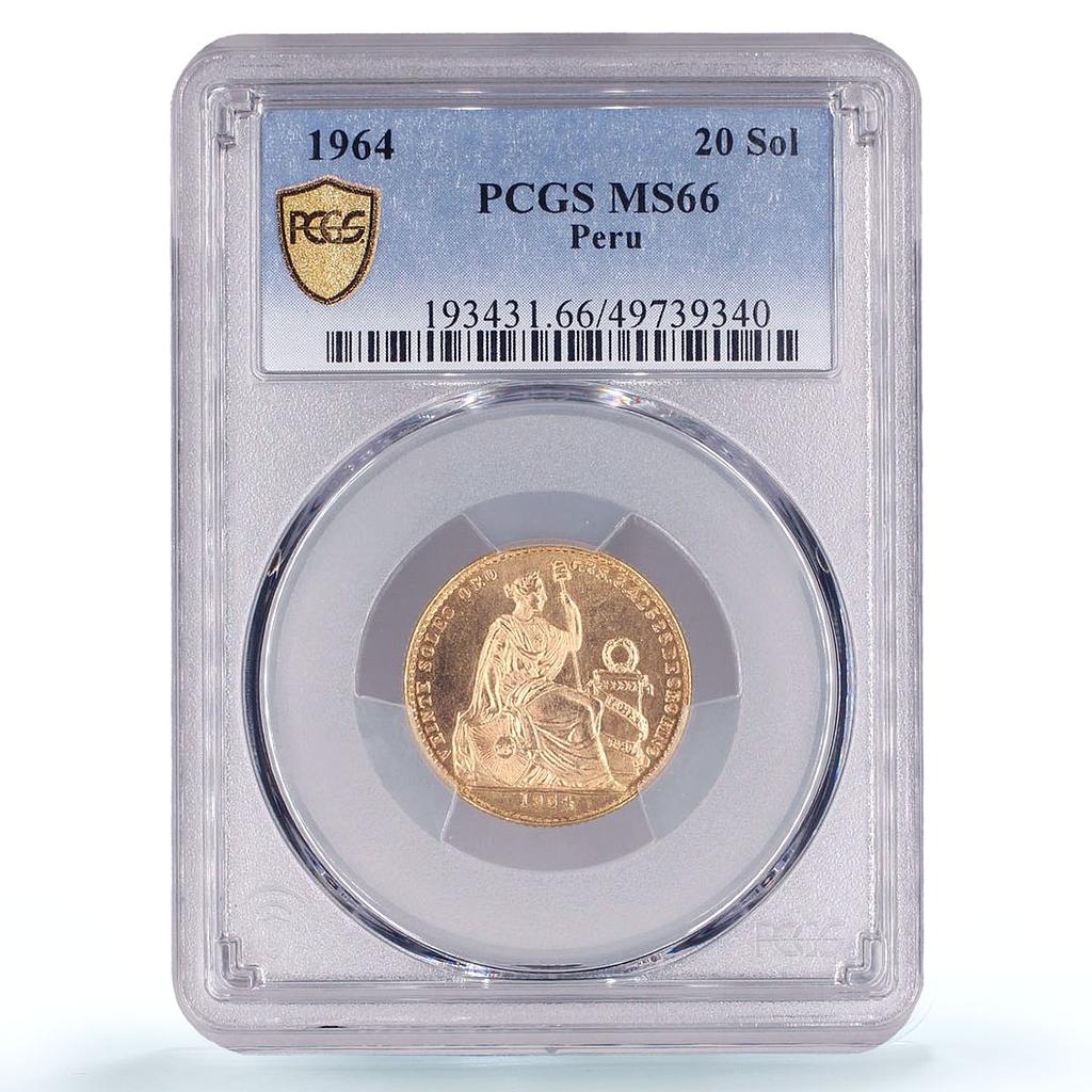 Peru 20 soles oro Republic Coinage Seated Woman KM-229 MS66 PCGS gold coin 1964