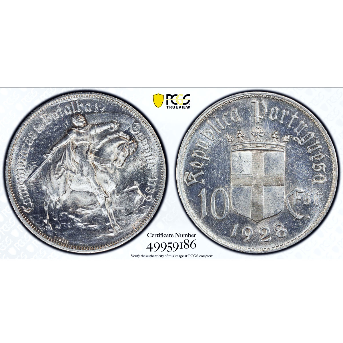 Portugal 10 escudos Ourique Battle Horseman KM-579 MS64 PCGS silver coin 1928