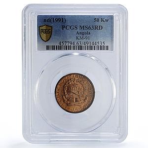 Angola 50 kwanzas Republic Coinage Coat of Arms KM-91 MS63 PCGS copper coin 1991
