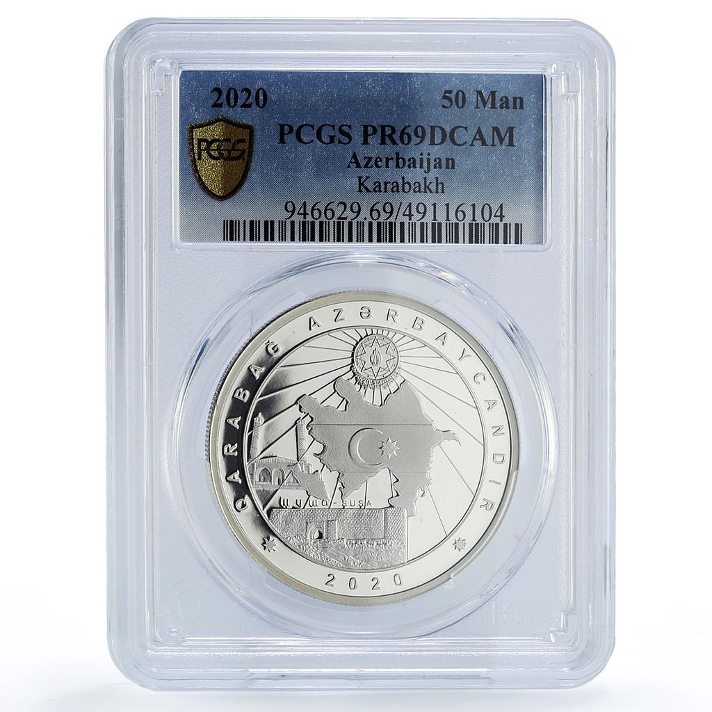 Azerbaijan 50 manat Karabakh War Mosque Fortress PR69 PCGS silver coin 2020