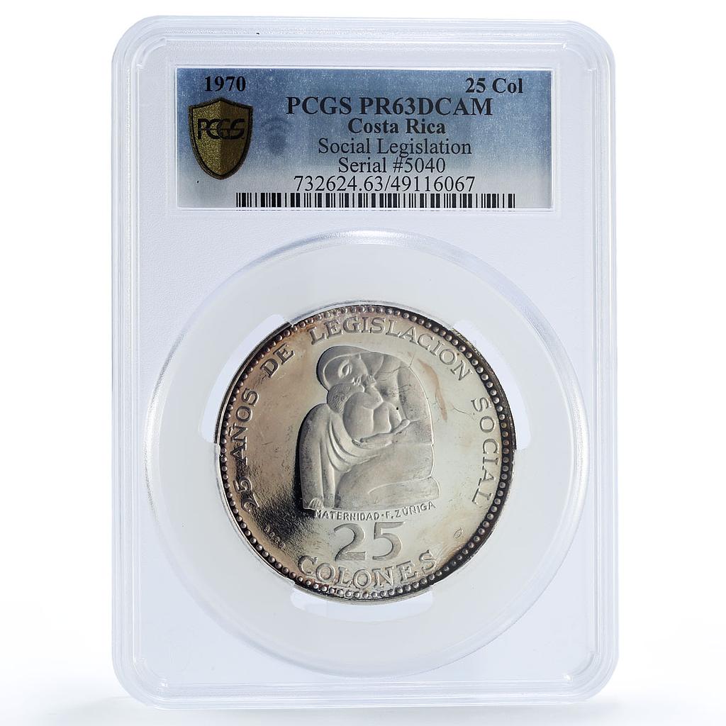 Costa Rica 25 colones Legislation Maternidad Sculpture PR63 PCGS Ag coin 1970