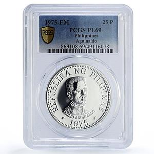 Philippines 25 piso Emilio Aguinaldo The New Society PL69 PCGS silver coin 1975