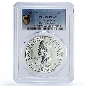 Philippines 50 piso Ferdinand Marcos The New Society PL69 PCGS silver coin 1975