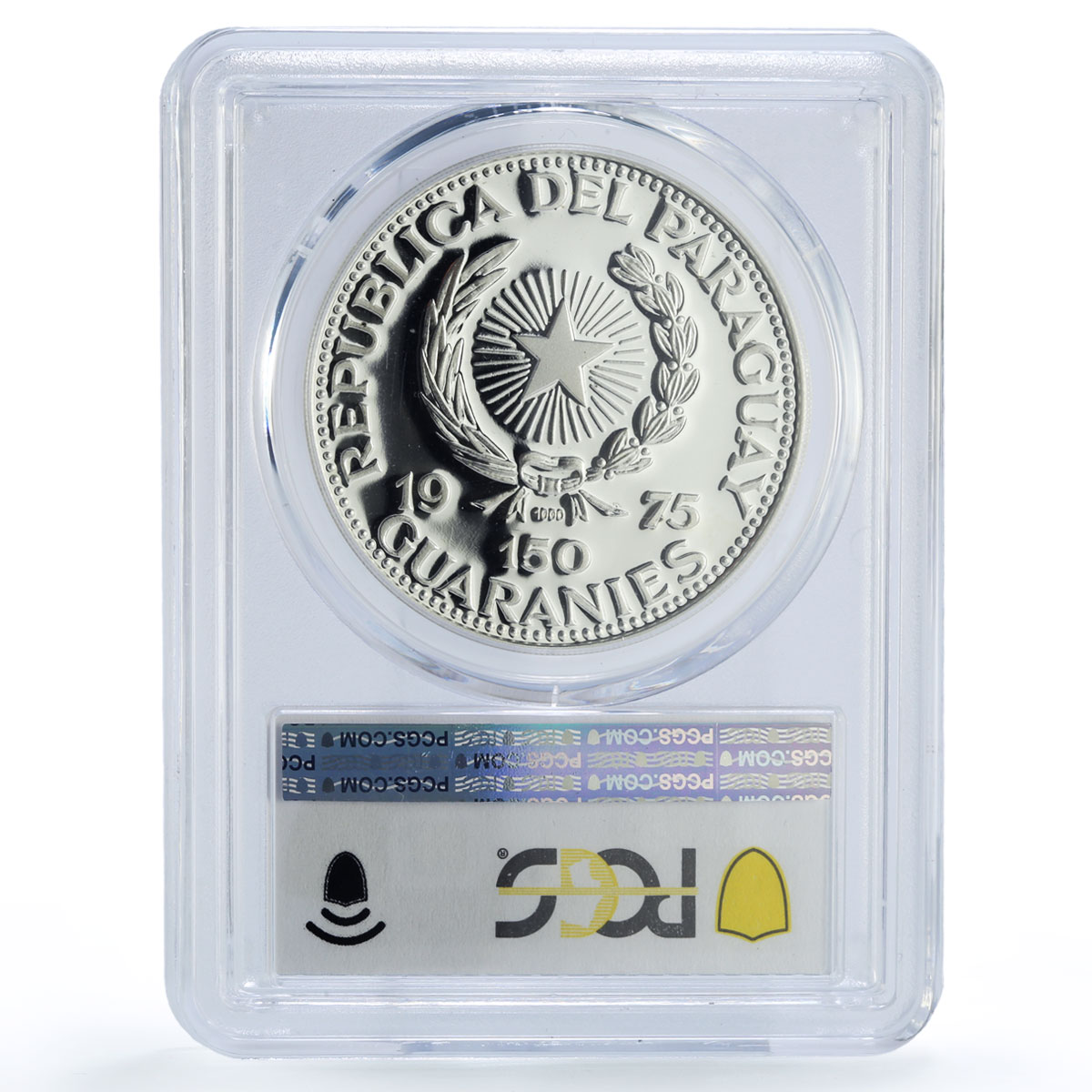 Paraguay 150 guaranies Apollo 11 Mission Eagle Bird Space PR64 PCGS Ag coin 1975