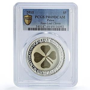 Palau 5 dollars Ounce of Luck Four Leaf Clovers PR69 PCGS silver coin 2015