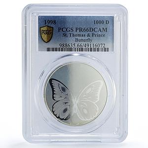 Sao Tome 1000 dobras Wildlife Butterfly Fauna Hologram PR66 PCGS Ag coin 1998