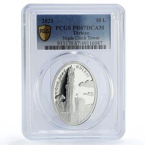 Turkey 10 lira Clock Towers Nigde Architecture PR67 PCGS silver coin 2021