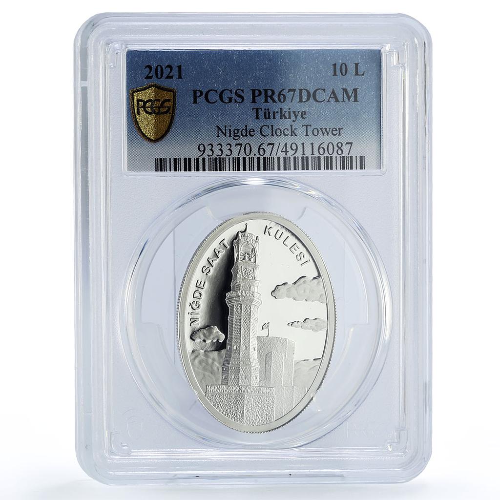 Turkey 10 lira Clock Towers Nigde Architecture PR67 PCGS silver coin 2021