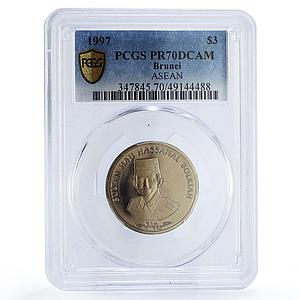 Brunei 3 dollars ASEAN 30th Anniversary Ship Clipper PR70 PCGS copper coin 1997