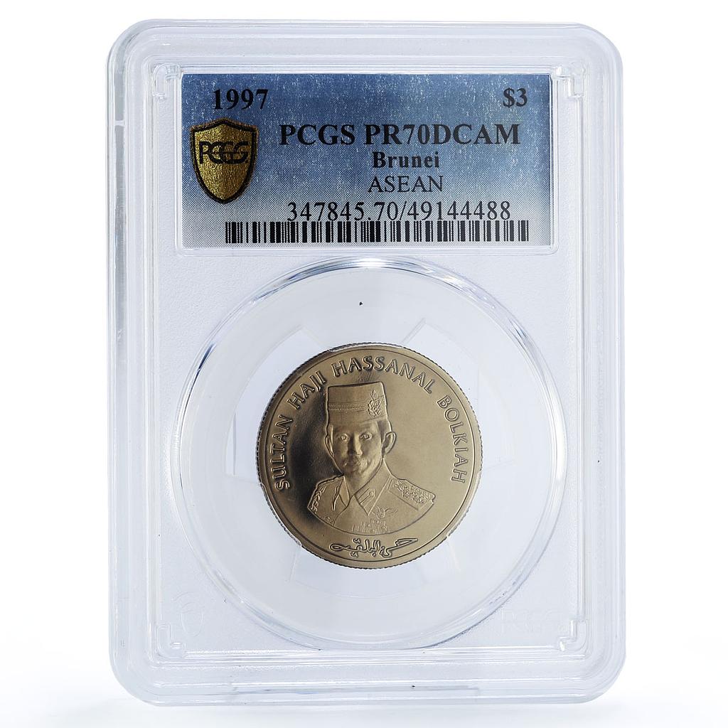 Brunei 3 dollars ASEAN 30th Anniversary Ship Clipper PR70 PCGS copper coin 1997