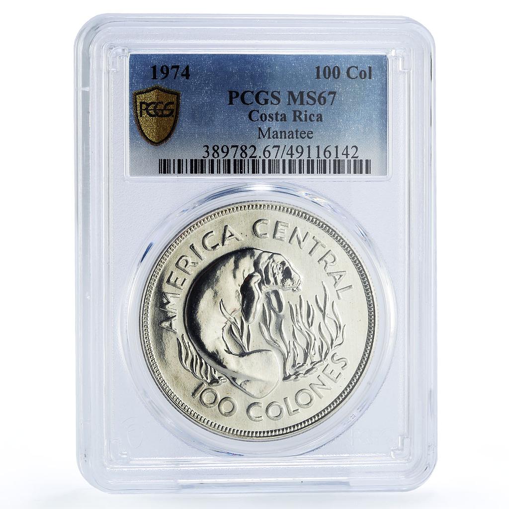 Costa Rica 100 colones Conservation Manatee Fauna MS67 PCGS silver coin 1974