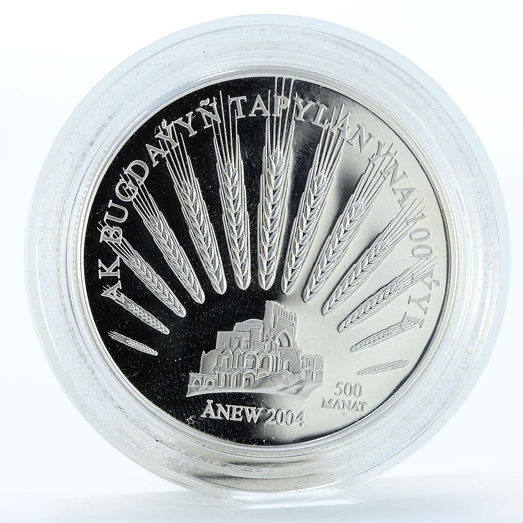 Turkmenistan 500 manat Centennial of the Discovery of Ak Bugday silver coin 2004