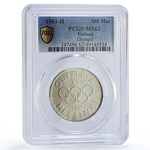 Finland 500 markaa Helsinki Winter Olympic Games KM-35 MS62 PCGS Ag coin 1951