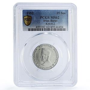 Indonesia Irian 25 sen President Sukarno KM-8.2 MS62 PCGS aluminum coin 1962