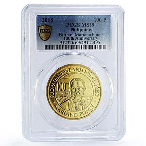 Philippines 100 piso Mariano Ponce Literature Politics MS69 PCGS CuAl coin 2018