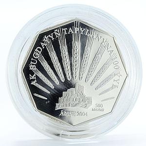 Turkmenistan 500 manat Discovery of Ak Bugday wheat octagonal silver coin 2004