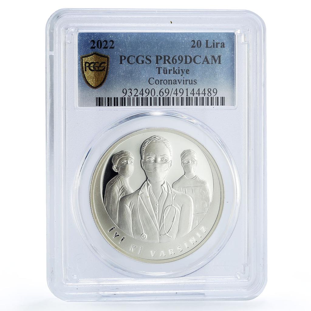 Turkey 20 lira Coronavirus COVID 19 Epidemic Doctors PR69 PCGS silver coin 2022