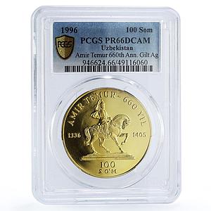 Uzbekistan 100 som Amir Temur Tamerlan Horseman Gilt PR66 PCGS silver coin 1996