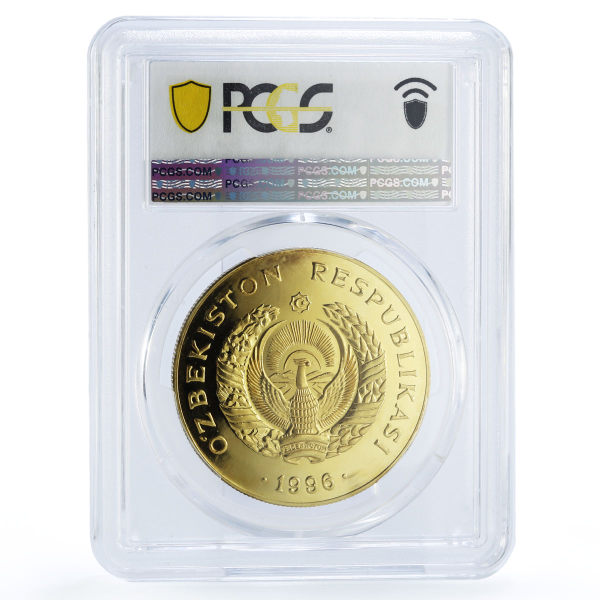 Uzbekistan 100 som Amir Temur Tamerlan Horseman Gilt PR66 PCGS silver coin 1996