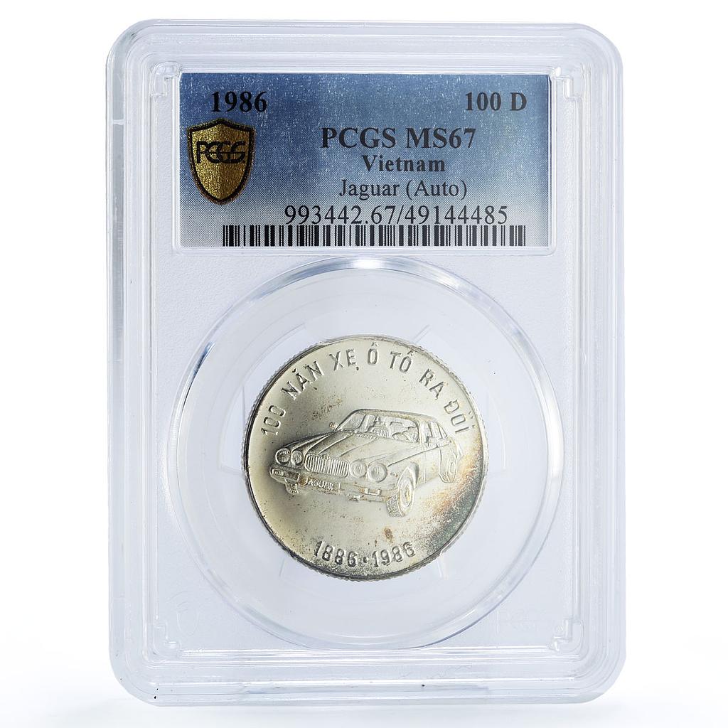 Vietnam 100 dong Jaguar Anniversary Cars Automobiles MS67 PCGS silver coin 1986