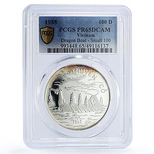 Vietnam 100 dong Seafaring Dragon Boat Ship Small PR65 PCGS silver coin 1988