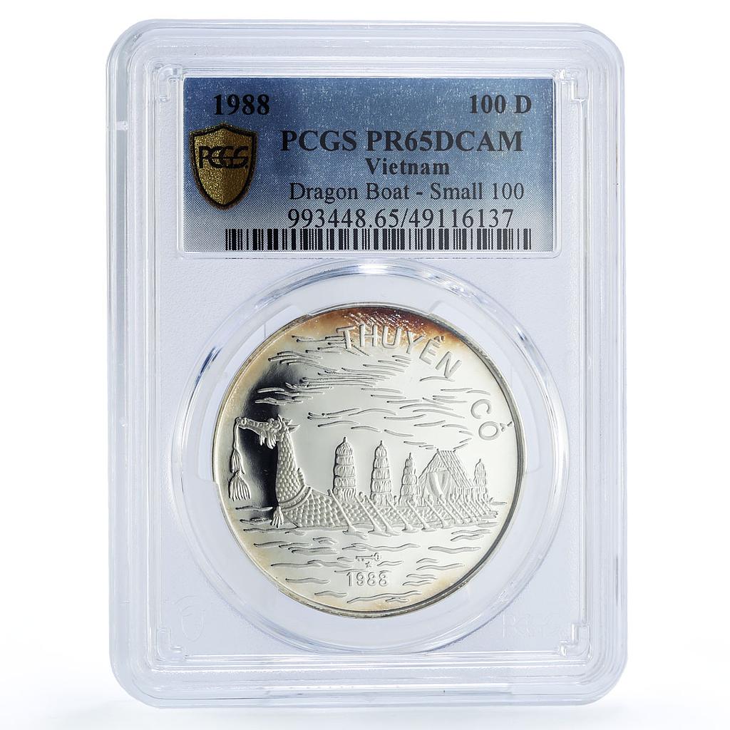 Vietnam 100 dong Seafaring Dragon Boat Ship Small PR65 PCGS silver coin 1988