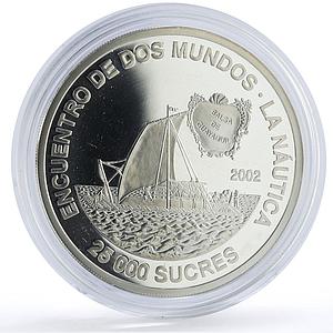 Ecuador 25000 sucres Two Worlds Encounter Balsa Ship Clipper silver coin 2002