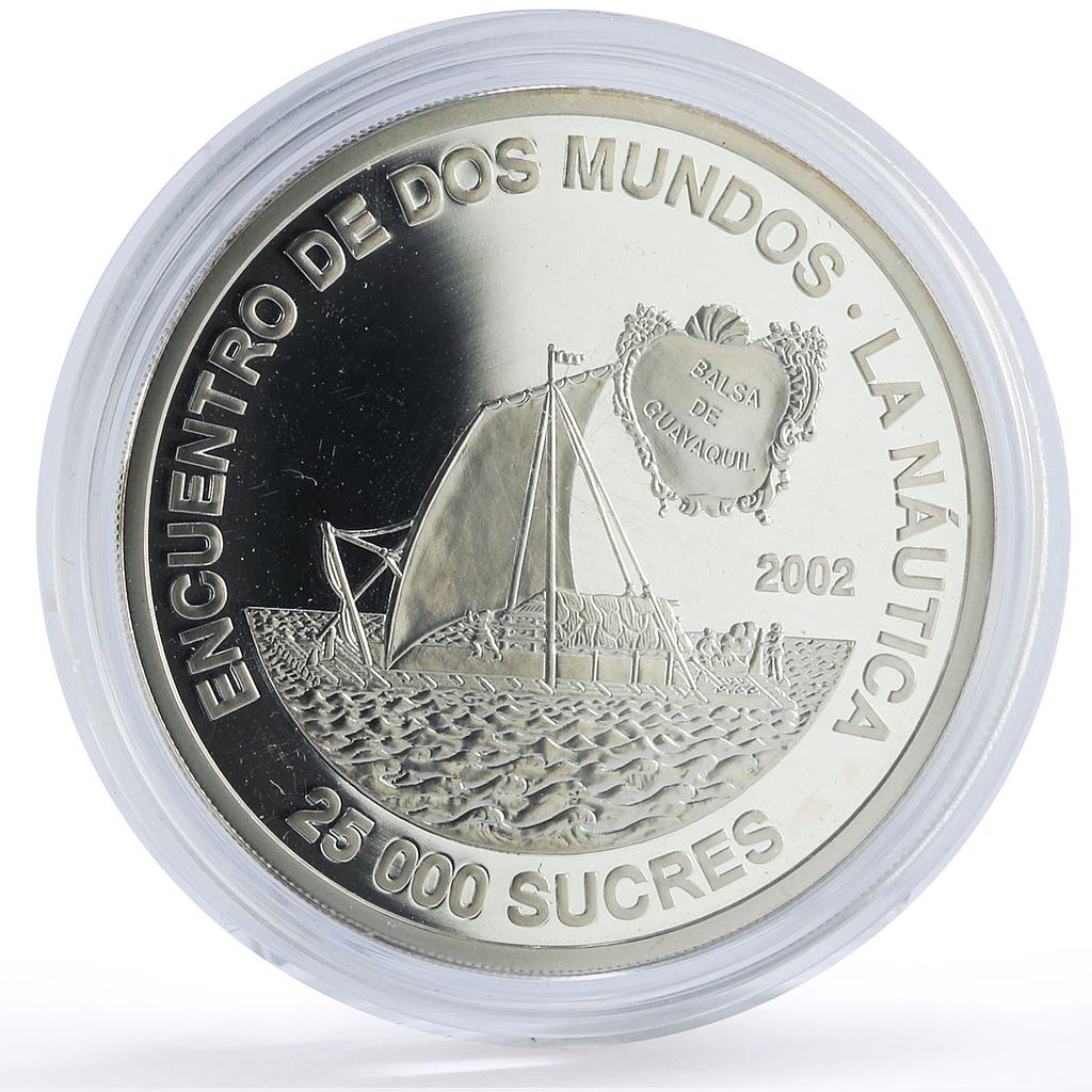 Ecuador 25000 sucres Two Worlds Encounter Balsa Ship Clipper silver coin 2002
