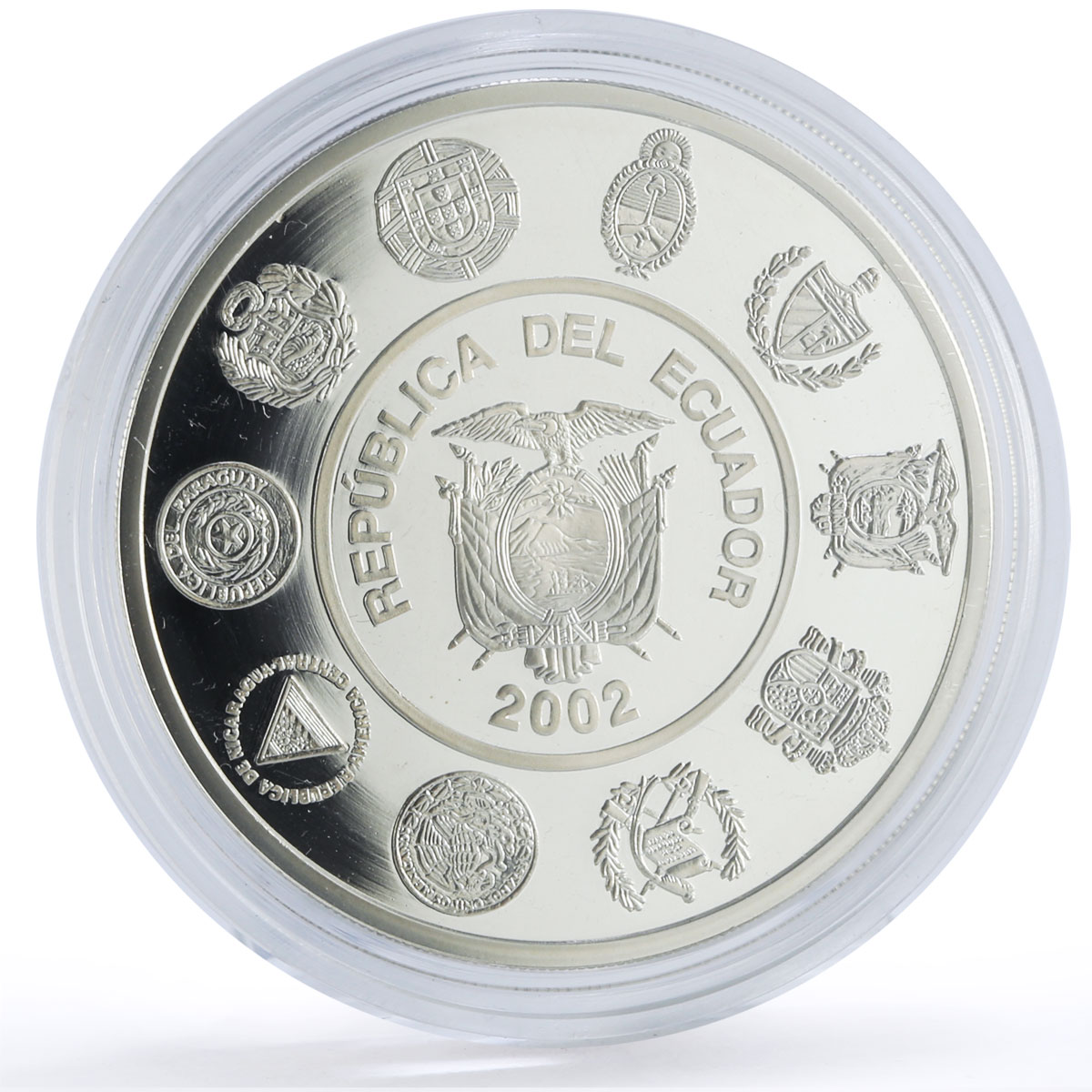 Ecuador 25000 sucres Two Worlds Encounter Balsa Ship Clipper silver coin 2002