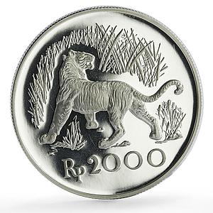 Indonesia 2000 rupiah Conservation Javan Tiger Fauna proof silver coin 1974