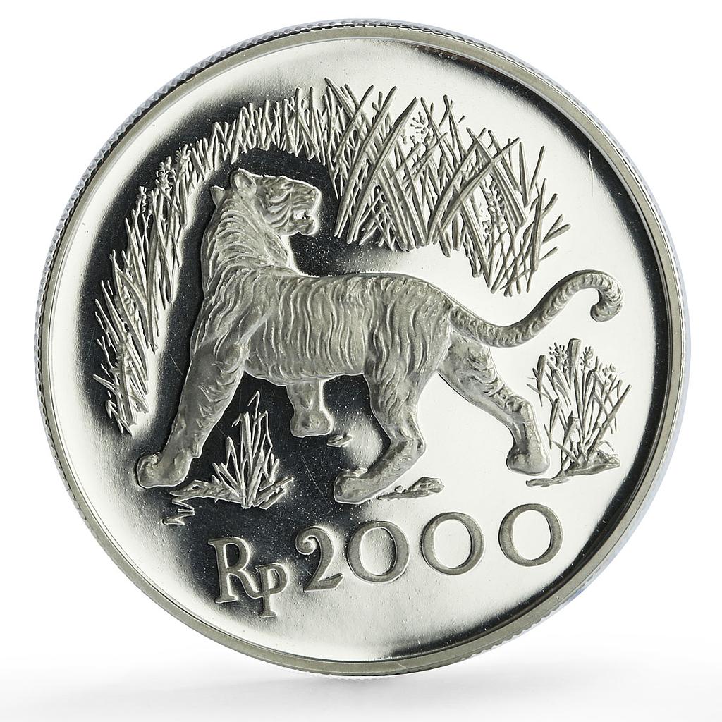 Indonesia 2000 rupiah Conservation Javan Tiger Fauna proof silver coin 1974