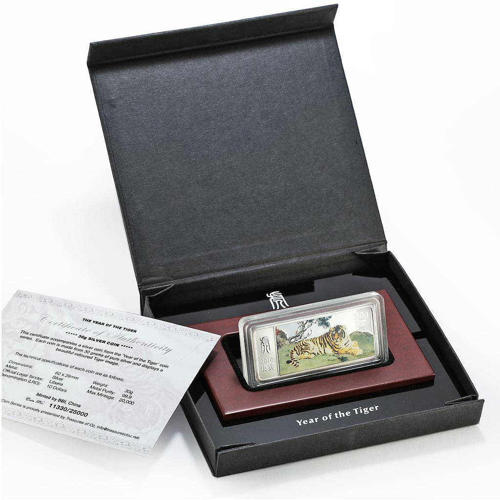 Liberia 10 dollars Lunar Year of the Tiger Lying Tiger proof silver coin 2010