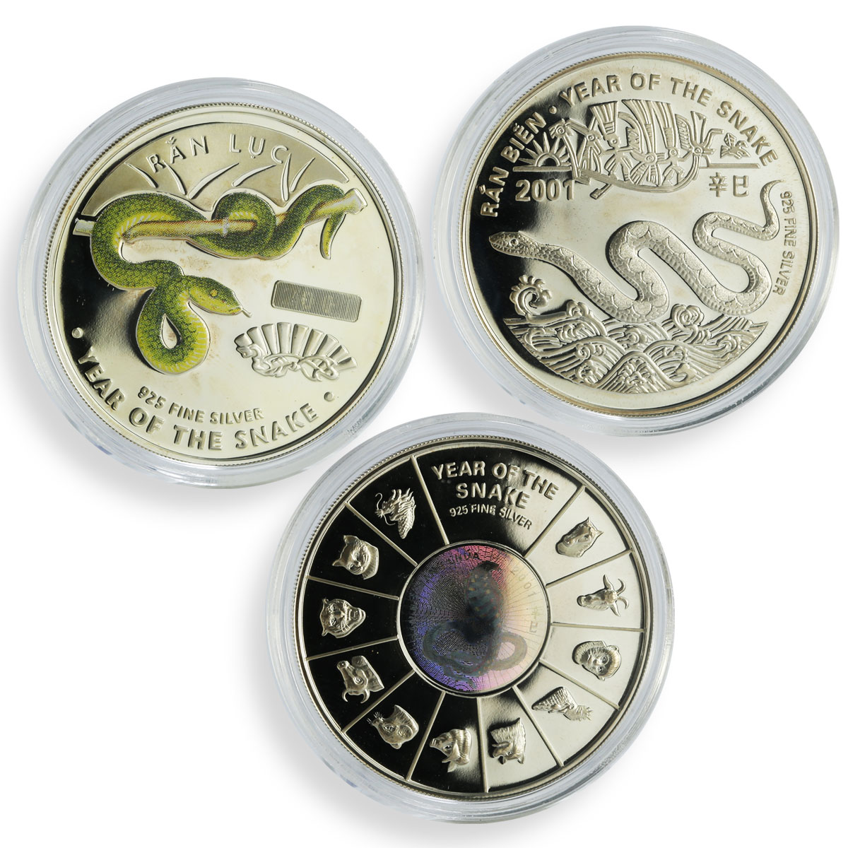 Vietnam 10000 dong x 3 Set Lunar Calendar Snake Year proof silver coins 2001