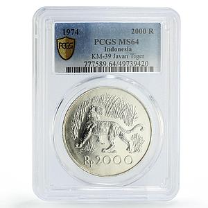Indonesia 2000 rupiah Conservation Javan Tiger Fauna MS64 PCGS silver coin 1974