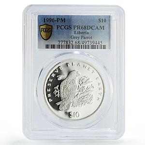 Liberia 10 dollars Preserve Planet Earth Parrot Bird PR68 PCGS silver coin 1996