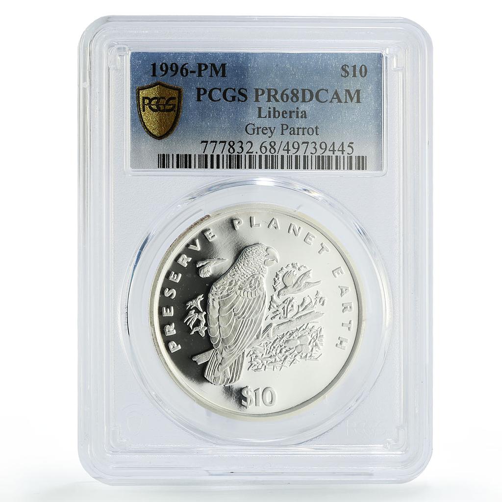 Liberia 10 dollars Preserve Planet Earth Parrot Bird PR68 PCGS silver coin 1996