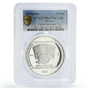 Mexico 5 pesos Precolombina Carita Sonriente Statue PR67 PCGS silver coin 1993