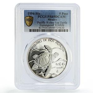 Mexico 5 pesos Two Worlds Encounter Wildlife Turtle Fauna PR69 PCGS Ag coin 1994