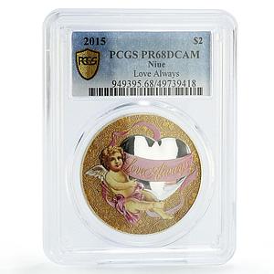 Niue 2 dollars Love Always Cupid Angel Gilt PR68 PCGS silver coin 2015